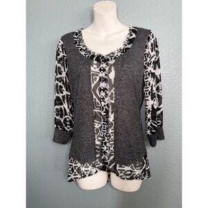 BKE Boutique Black Animal Print Fringe L/S Tie Back Top Womens Sz Small Layered